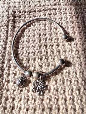 Vintage Silver Bangle Charm Bracelet. Ladybug And Butterfly